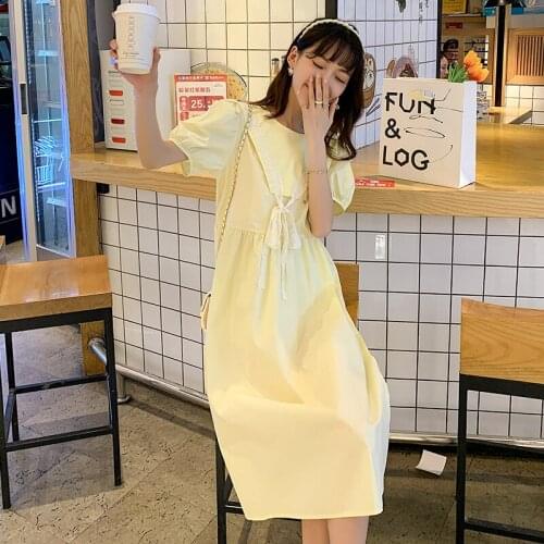987# Maternity Dress Summer Cotton Short Sleeves Yellow Loose Midi Dress Plus Size Pregnancy Dress Pregnant Women Mom Dress