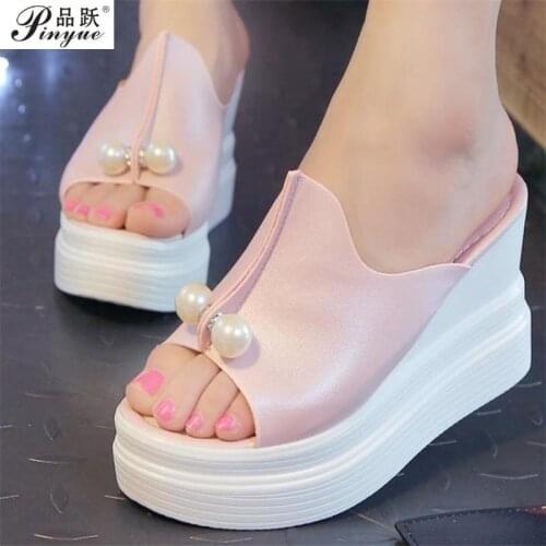 Designer Women Summer slippers Thick Heel Platform Wedges Sexy Beading Slippers Sandalias Slides White Black High Shoes