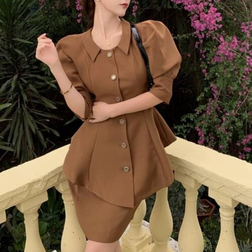 Elegant Formal Work 2 Piece Set Women Puff Sleeve Slim Top + High Waist Bodycon Pencil Skirts Sets Korean OL Two Piece Suits