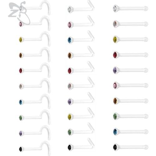 ZS 10pcs/lot Clear Acrylic Nose Piercing Colorful CZ Crystal Nose Studs Screw L-Shape Retainer 2MM Nostril Piercing Jewelry 20g