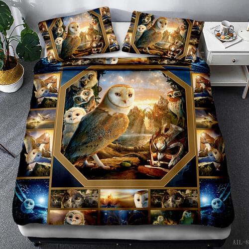 Owl Bedding Set Grassland Forest Elephant Print Duvet Cover for Kids Adults with Gold Bedspread King Size Animal Bedclothes
