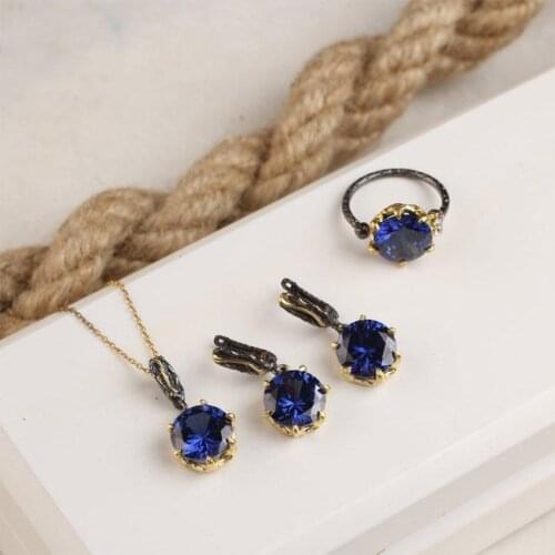 Round Shaped Blue Tanzanite Jewelry Set, Woman Silver Tanzanite Ring + Necklace + Earrings, Handmade Woman Silver Tanzanite