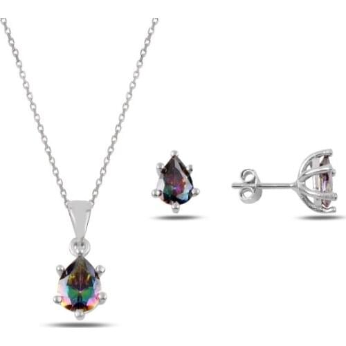 Kutaydan Drop Mystic Topaz Zircon Engagement 925 Sterling Silver Set Made in Turkey