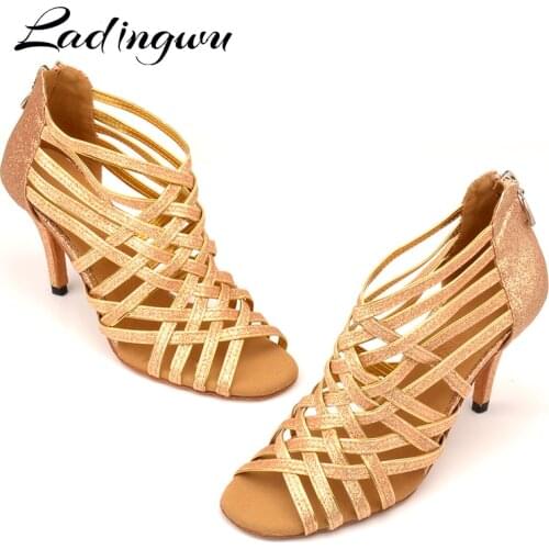 Latin Dance Boots Golden Black Glitter Professional 10cm Heel Height Zapatos De Baile Size US 3.5-12cm Dance Shoes For Women