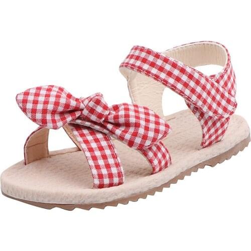 Summer childrens grid sandals kids girls shoes fashion sandals bow princess shoes pastoral style soft bottom beach sandals