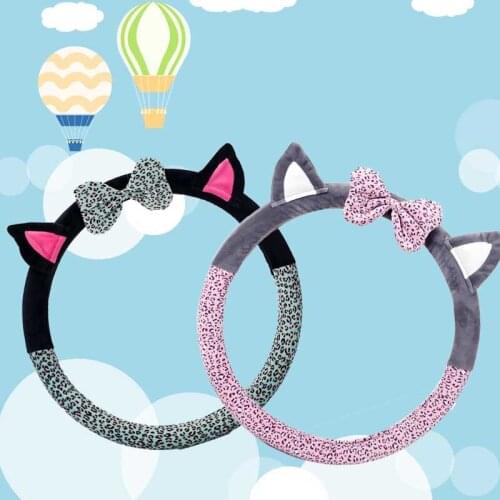 Cute Cat Ear Steering Wheel Cover Short Plush Winter Car Steering Wheel Covers For Girls Leopard Steering-Wheel Covers Case