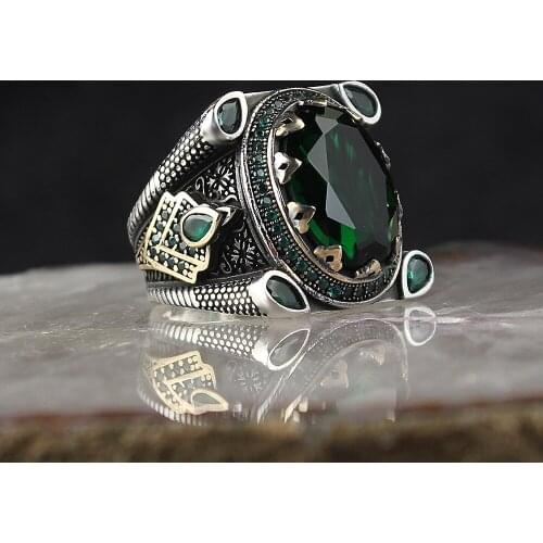 Ethnic Gree Zircon Crystal Cut 925 Sterling Silver Men 'S Ring