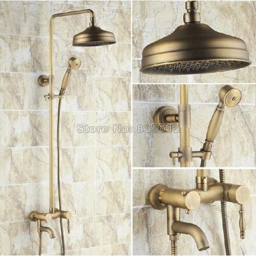 Wall Mounted Bathroom Antique Brass Single Handle Bathtub Mixer Tap Rain Shower Faucet Set with Ceramic Handheld Shower Wrs153