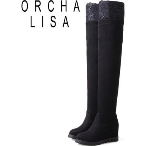 ORCHA LISA 2021 Sexy Over The Knee Boots Flock Slip On Lace Platforms 7CM Internal Increase Thick Sole Heel US11 12 Black A4477