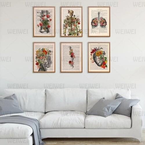 Poster of Anatomy Wall Art Flower Human Skeleton Canvas Painting Human Art Picture Anatomy Illustration Decor Prints and Posters