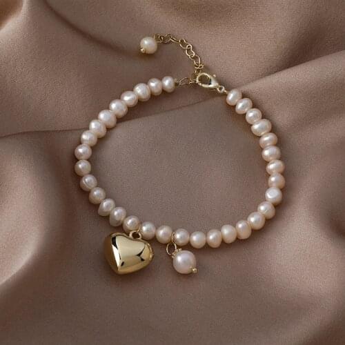 Origin Summer Delicate Love Heart Natural Freshwater Pearl Charm Bracelet for Women Femme Gold Metal Beaded Bracelet Jewelry