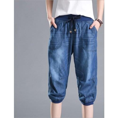 Plus Size Black Denim Jeans Womens Summer Harem Pants Light Washed Loose Cotton Casual Calf-Length Blue Trousers Women 3XL 4XL