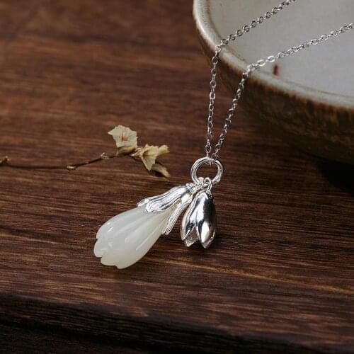 S925 Sterling Silver Classical Hetian Jade Magnolia Lady Simple Small Exquisite Jade Pendant Women