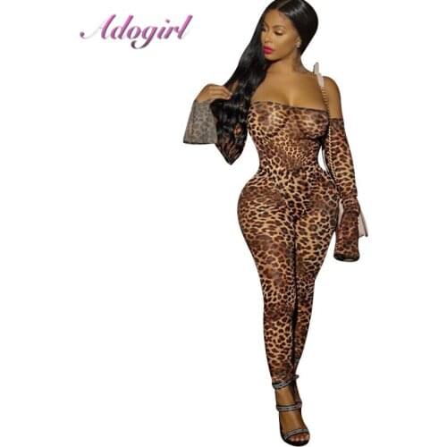 Sexy Leopard Print Sheer Mesh Evening Party Club Jumpsuit Women Off Shoulder Backless Long Sleeve Rompe Female Outfit Overalls