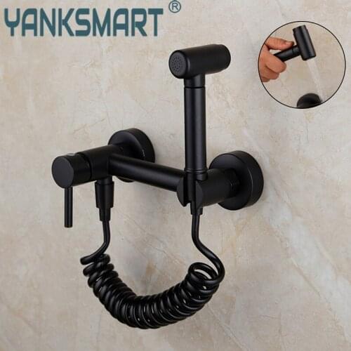 YANKSMART Bathroom Balcony Matte Black Single Handle Bidet Faucet Wall Mounted Hot And Cold Mixer Tap Bidet Gun Spray Faucets