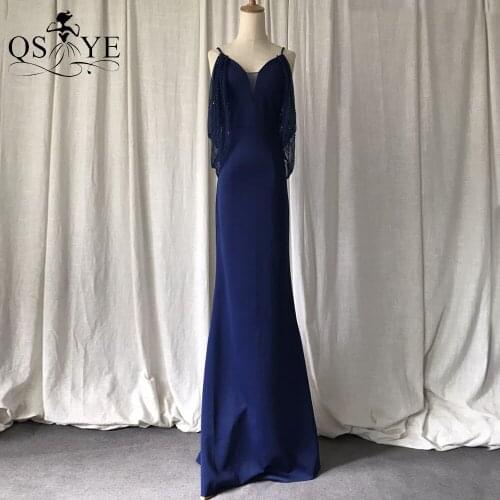 Navy Prom Dresses Beaded Batted Short Sleeves Evening Gown V Neck Formal Party Gown Mermaid Straps Beading Tulle Fit Prom Gown
