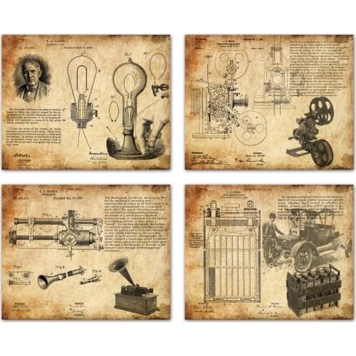 Vintage patent art prints on Edison patent art lamp phonograph battery projecting kinetoscope in 1 unframed