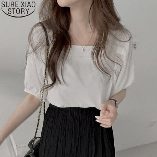 Summer Korean Simple Fashion Square Collar White Short Lantern Sleeve Casual Shirt Blusas De Mujer Womens Tops Blouse 14608