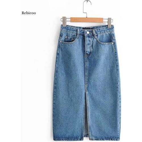 Sexy Denim Skirts Women 2021 Fashion Split Mid Calf Length Skirts Vintage Pocket Blue Saia Ladies High Waist Midi Skirt
