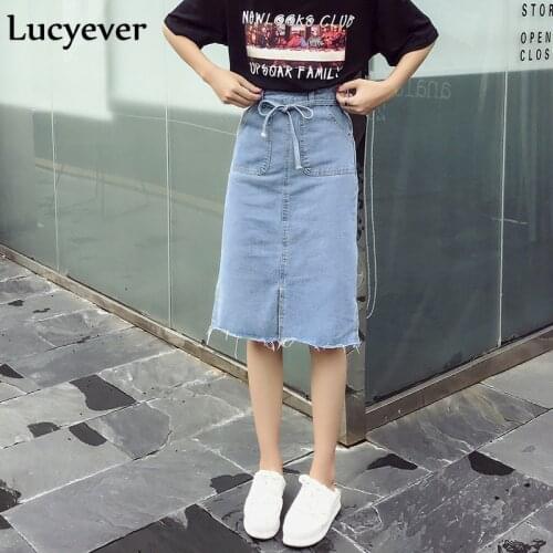 Lucyever Vintage washed denim women skirts Summer split Korean midi skirts solid casual preppy style sashes jeans skirts ladies