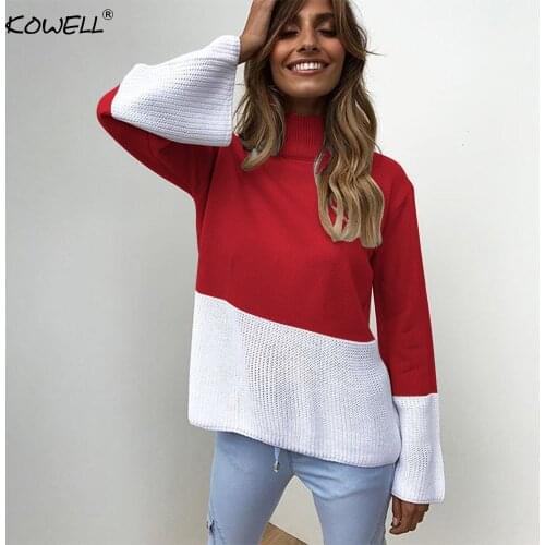 Two Colors Patchwork Cotton Women Sweaters and Pullovers Autumn Winter Long Sleeve Knitted Loose Women Tops Casual Sweater Women
