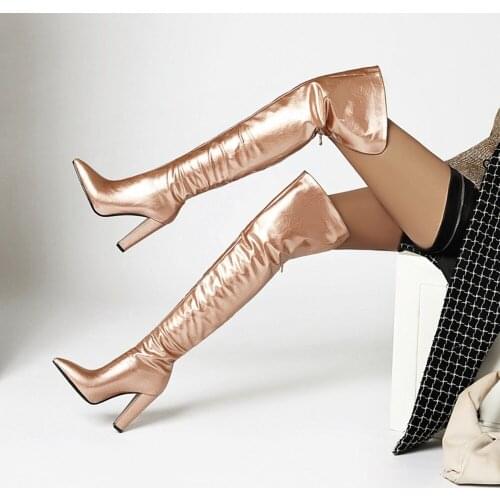 US4-11 Womens Printed Mixed Colors Over The Knee Boots Block High Heel Warm Winter Fleece Liner Shoes Long Plus Size 6Colors