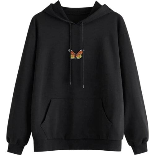 Women Butterfly Sweatshirt Long Sleeve Pocket Pullover Hoodie Tunic Top Blouse