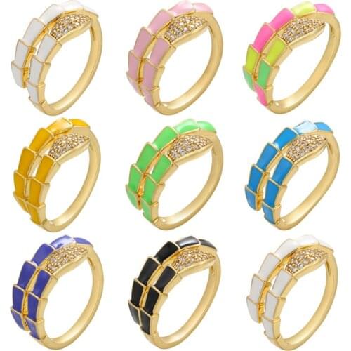 ZHUKOU Gold Enamel curled snake ring for women neon Dripping oil CZ crystal women opening ring fashion jewelry wholesale VJ285