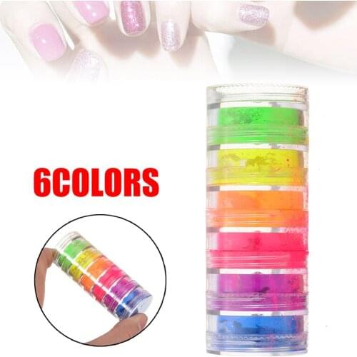 6Colors/Set Fluorescent Nail Powder Neon Phosphor Colorful Nail Art Glitter Pigment 3D Glow Luminous Dust Decorations