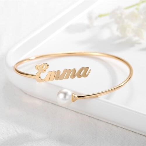 Personalized Name Bracelets Pearl Bangle Fashion Jewelry 2021 Adjustable Stainless Steel Cuffs Bracelet For Women Gifts