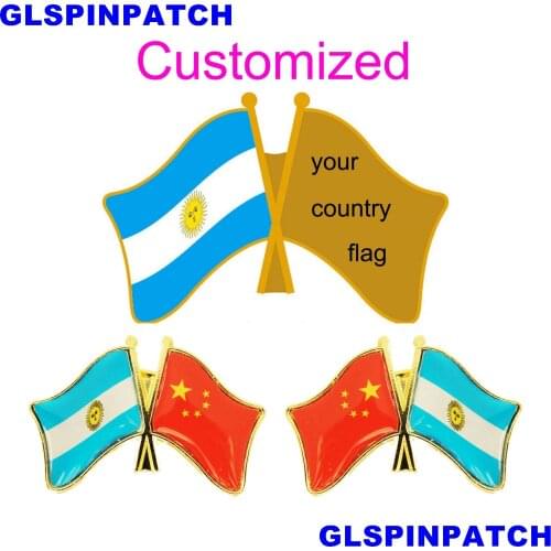 Argentina Crossed Friendship Flag Double Country lapel pin Brooch USA UK France Chile Russia Saudi Arabia Japan Spain Badge