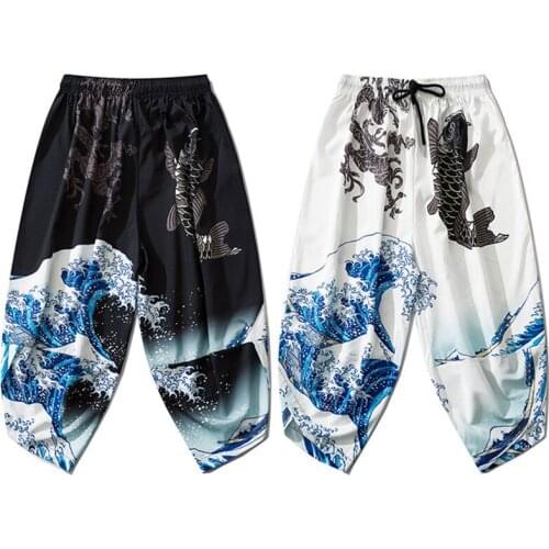 2021 Men Japanese Traditional Kimono Trousers Summer New Carp Wave Print Pants Male Japan Style Casual Loose Clothing