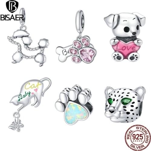 BISAER Cute Puppy Paw Beads 925 Sterling Silver Naughty Cat Animal Charms Pendant Fit DIY Bracelet Necklace Jewelry ECC1676