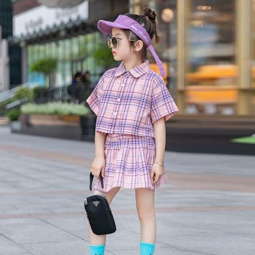 Kids Girls Short Sleeve Plaid Shirt Suits 8 10 years 2021 New Summer Fashion Girl Two-Piece Set