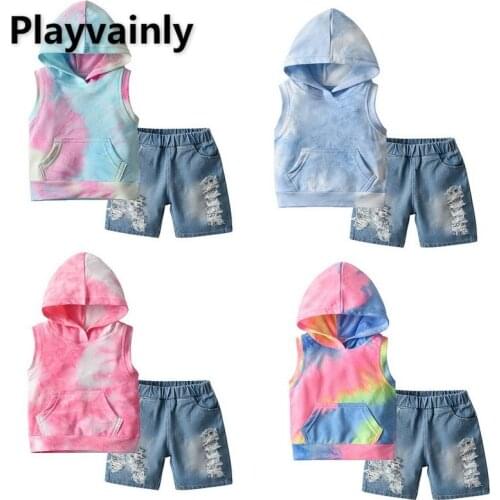 Summer boy girl Clothing Sets Tie-dye sleeveless hooded T-shirt + broken hole jeans fashion Outfit Children Clothing E100141