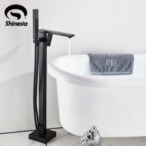 Shinesia Matte Black Bathtub Faucet Hot and Cold Water Mixer Tap with Hand Shower 2-Function Switch Floor Mounted