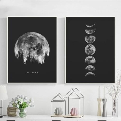 Minimalist Full Moon Poster Art Black White Moon Phases Prints Solar System Canvas Painting Wall Art for Home and Bedroom Decor