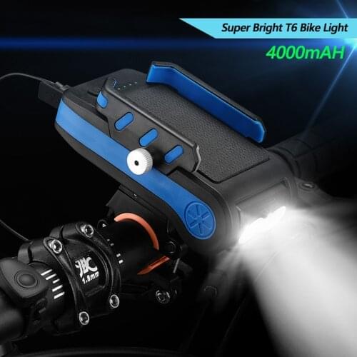 Multifunction 4in1 Rechargeable Bike Light T6 Bike Flashlight Bike Horn Holder 4000mAH Power Bank Bicycle Front Lamp Phone Stand