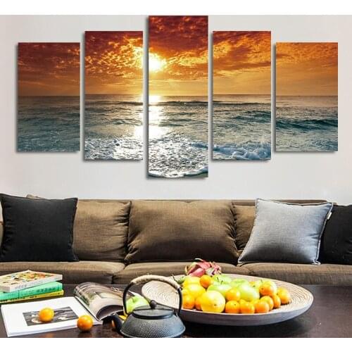 Modular 5 Pieces Sunset Red Sun Sea Natural Landscape Canvas Paintings Posters Seascape Pictures Wall Art For Bedroom Home Decor