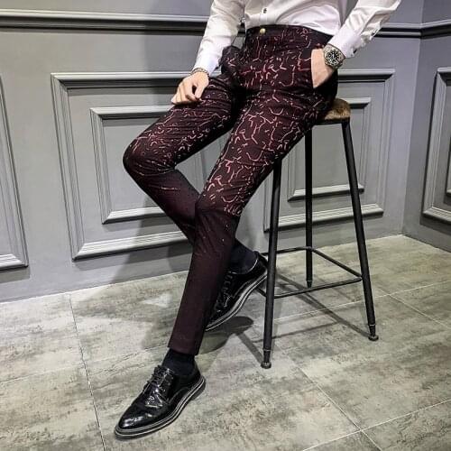 Mens Suit Pants Red Blue Green Wedding Stage Long Trousers Jacquard