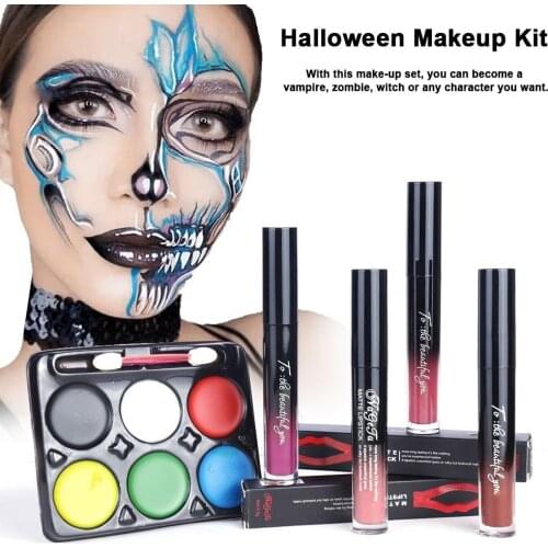 Halloween Makeup Set Halloween Lip Gloss Face Paint Set Lasting Non Stick Cup Lip Glaze Face Paint Makeup Kit