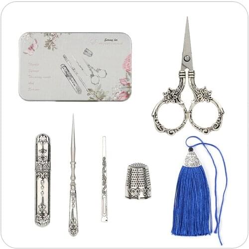 6Pcs Stainless Steel Sewing Tool Set Vintage Scissors Needle Bottle Thimble Awl Sewing Kits For Needlework With Storage Box