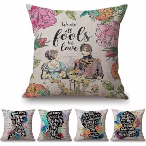 18" Square Floral Jane Austen Quotation Letter Print Sofa throw pillow cover case cotton Linen Nordic Masterpiece Cushion Cover