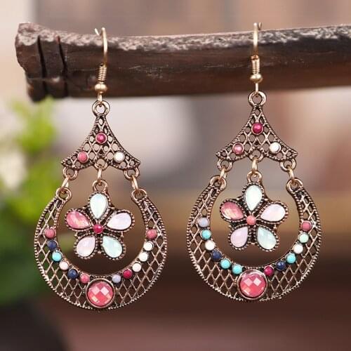 New Retro Pink Flower Earrings For Women Boho Crystal Hollow Summer Earrings Indian Jewelry Wholesale