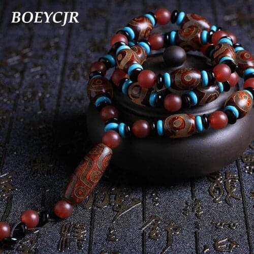 BOEYCJR Natural Stone Necklace Long Chain Handmade Ethnic NINE EYES TIBETAN DZI Beads Pendant Necklace For Women or Men Gift