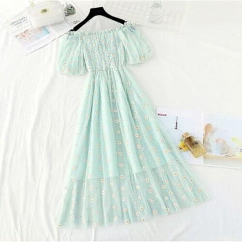 Small Daisies Embroidery Mesh Dresses Women Sexy Off The Shoulder French Vintage Party Ruffle Dress Elegant Sweet Female Skirts