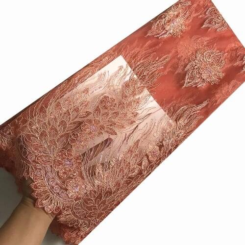 Latest Soft 5 Yards African Lace Fabric Sequins Tulle Lace Fabric Peach Embroidery Voile for Wedding Dress KRL-6949