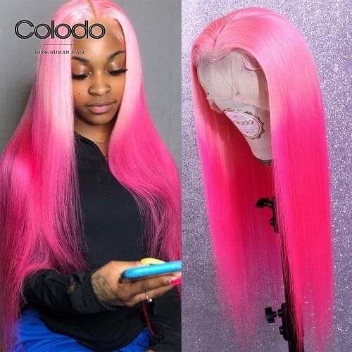 COLODO Ombre Purple Straight Lace Front Wig Pre Plucked Brazilian Remy Pink Blue Full Lace Human Hair Wigs for Women