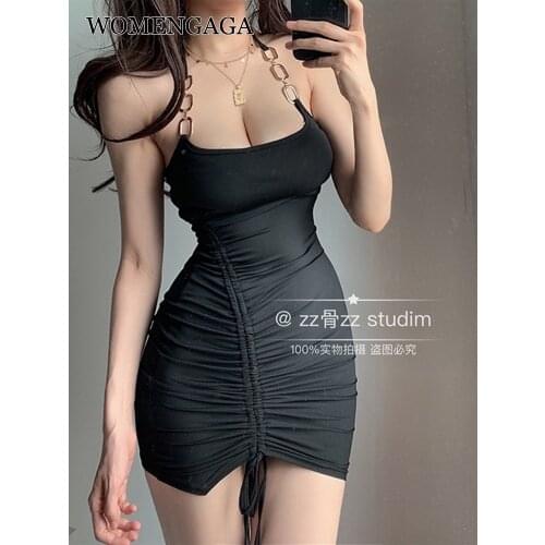 WOMENGAGA Sexy Halte Neck Pleated Drawstring Lace Up Backless Mini Tank Party Dress Dresses Korean Women Tops Irregular BGJ2