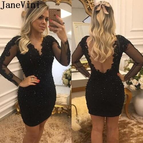 JaneVini Sexy Black Cocktail Dresses Short Mini Lace Beaded Backless Evening Gowns Plus Size Women Long Sleeves Party Dress 2020